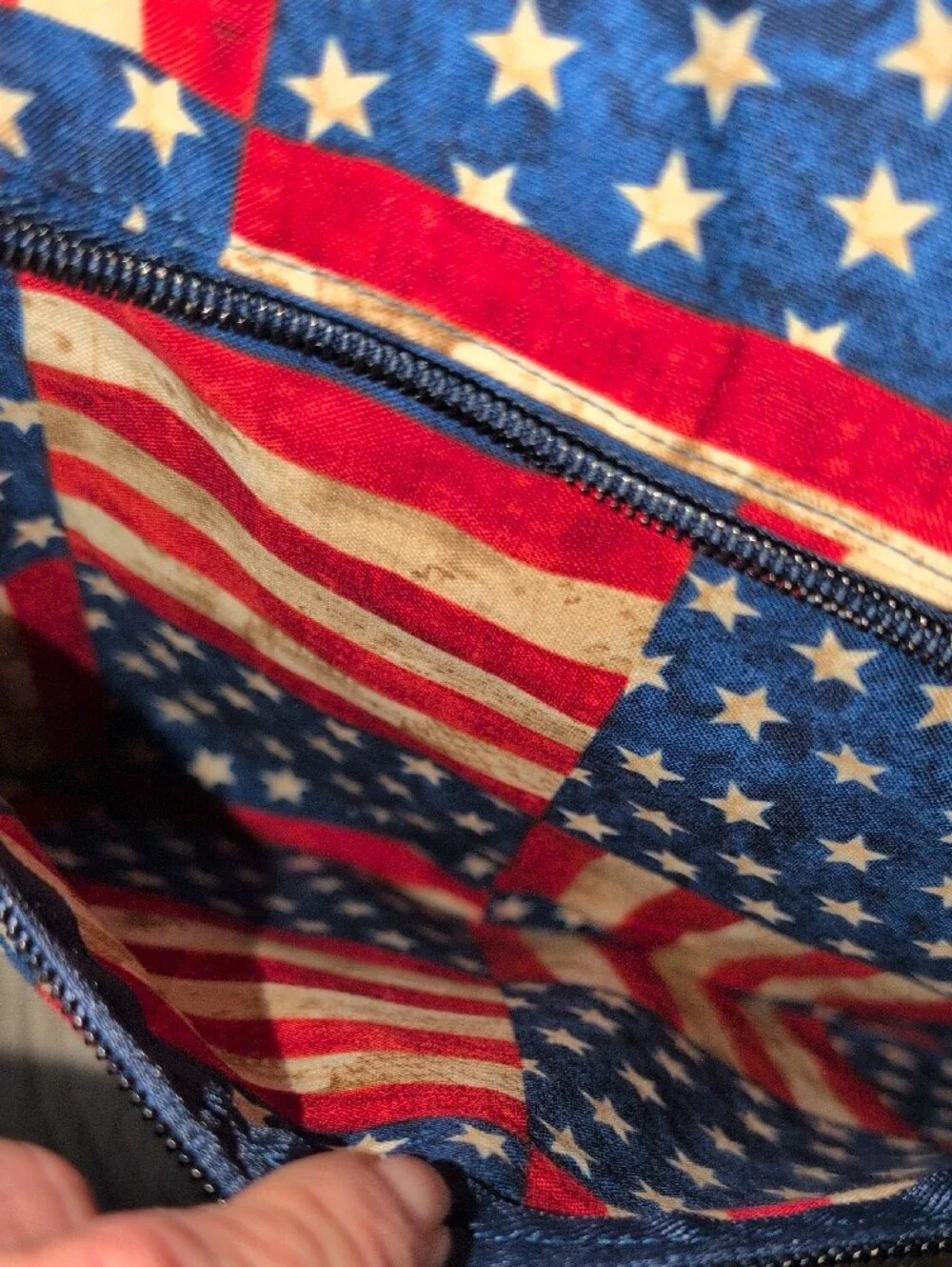 Large Patriotic American Flag Patchwork Bag With Red, White And Blue twilly